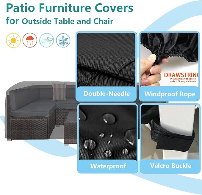 Patio Dining Table Sets Cover, Outdoor Dining Furniture Set Cover for Table with 6-8 Chairs, Patio Furniture Set Cover for 4-Piece Conversation Set, Waterproof and Windproof, 78" L× 62" W× 30" H