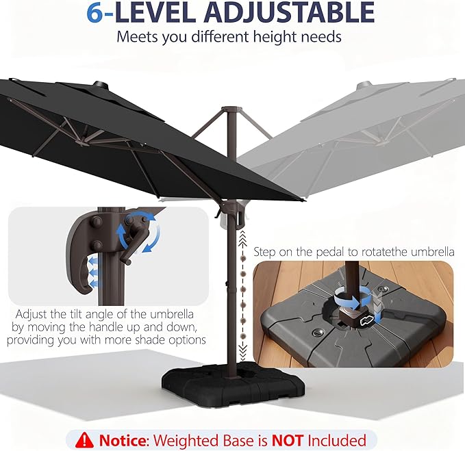 9' X 12' Cantilever Patio Umbrella Rectangle Outdoor Umbrella with Base Included, 6-Level Tilt & 360° Rotation Offset Umbrella for Garden, Deck, Pool (Black)