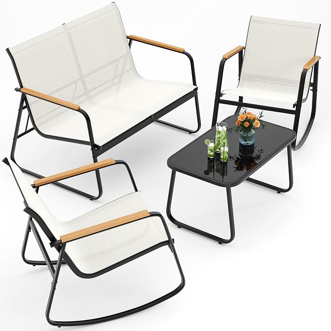 Ahomly Outdoor Patio Furniture Set 4 Pieces, Conversation Textilene Fabric Chairs with Coffee Table Rocking Chairs Bistro Set for Backyard, Poolside, Porch (White)