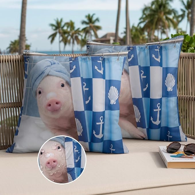 Bathing Pig Waterproof Outdoor Pillow Covers Set of 2 Home Decor, Funny Animal Showering Pillowcase Patio Pillow Covers for Couch Bench Patio Furniture Garden 16x16in