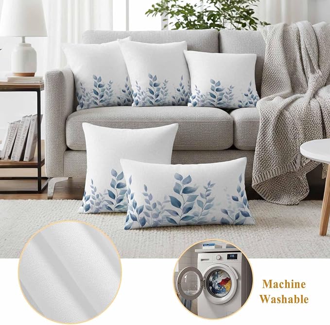 Blue Botanical Outdoor Waterproof Throw Pillow Covers 26x26 Set of 2, Pastoral Leaf Watercolor Decorative Pillowcases Cushion Pillowcase for Couch Sofa Patio Outside Pillow Protector