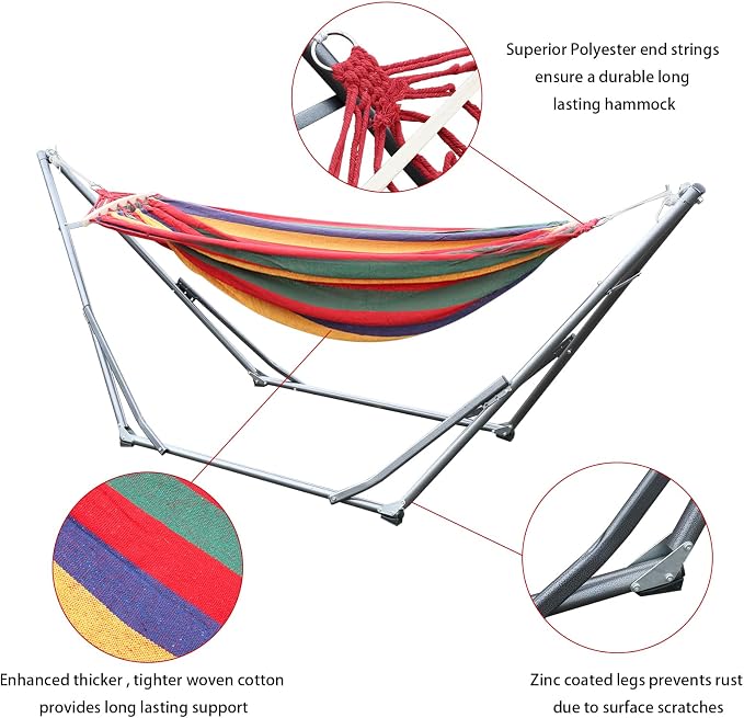 Double Hammock, Portable Hammock with Space Saving Metal Stand and Carrying Bag, Heavy Duty Hammock with Stand for Indoor Outdoor Courtyards Porch Deck Garden, 440 lb Capacity (Red)