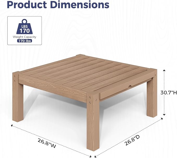 Modular Outdoor Patio Furniture Coffee Table, HIPS All-Weather Outdoor Sectional Sofa Table, Side Interlock for Expansion, Patio Side Table for Backyard, Balcony, Deck (Teak)
