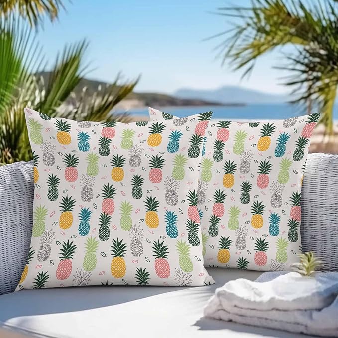 Outdoor Waterproof Pillow Covers for Patio Summer Pineapple Decorative Throw Pillow Cover Watercolor Pineapple Fruit Pillowcases Set of 2 Cushion Case for Sofa Couch Chair Home Decor 20 x 20 Inches