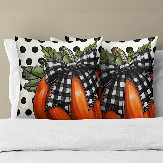 Fall Throw Pillow Covers 22x22 Inch, Set of 2 Buffalo Plaid Pumpkin Polka Dot Farmhouse Square Zipper Closure Pillowcases Cotton Cushion Cover for Living Room Bedroom Sofa Bed Bench Seasonal Decor