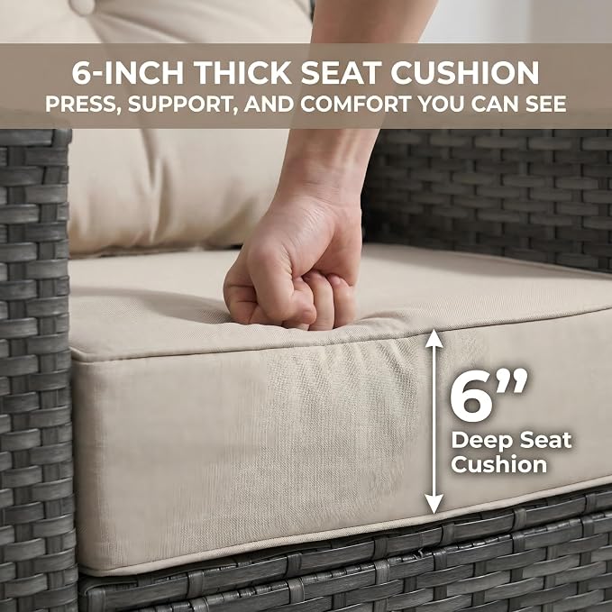 3-Piece Outdoor Patio Furniture Set, Grey Wicker Conversation Set with 2 Swivel Chairs and Side Table, 6-Inch Beige Olefin Cushions for Porch, Deck, Balcony