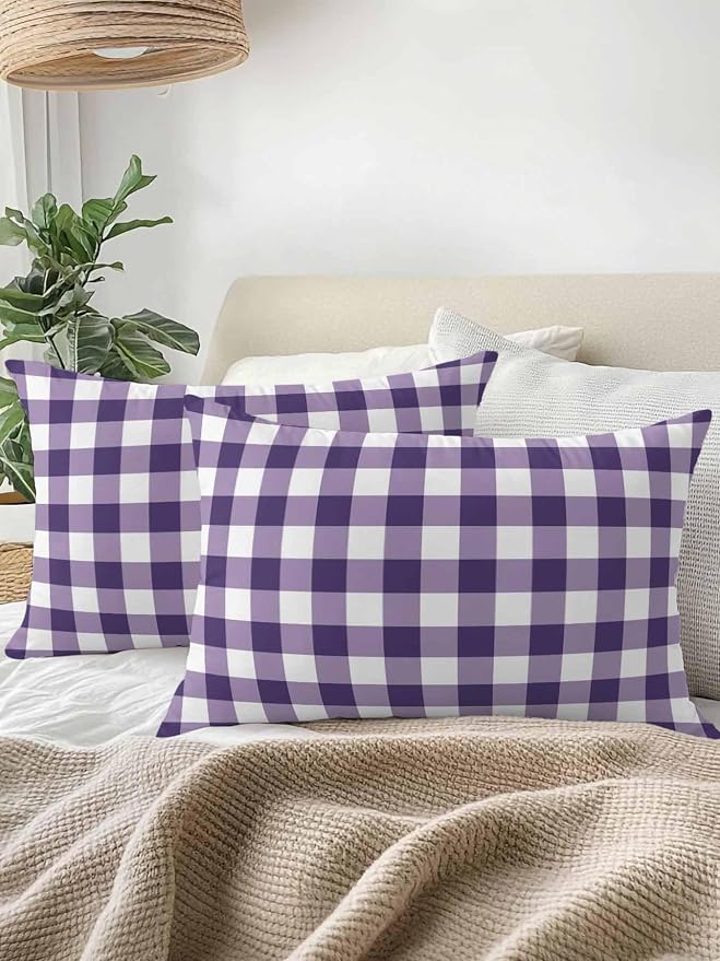 Waterproof Outdoor Pillow Set of 2 Purple Buffalo Plaid Decorative Throw Pillows Cover & Insert 20x12 Inch Lumbar Pillowcase Check Lines Pillows for Couch Sofa Bed Patio Furniture Indoor Outdoor
