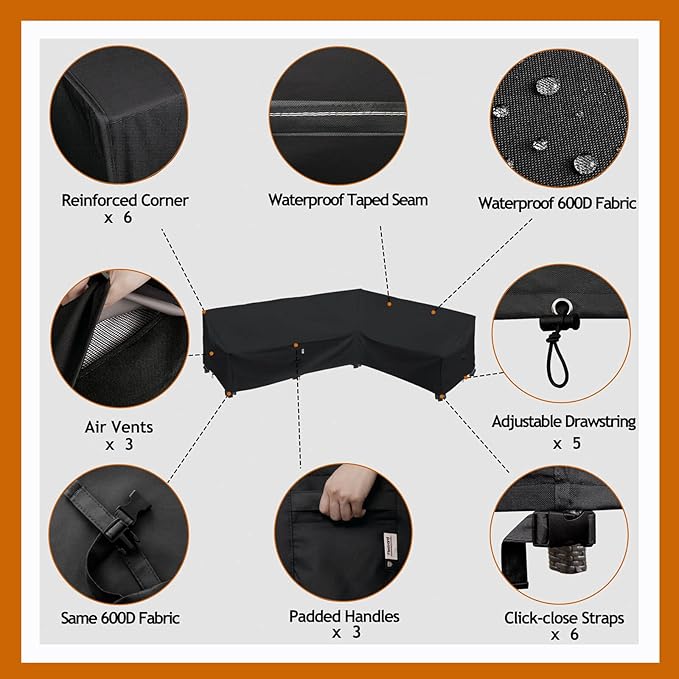 Heavy Duty Outdoor Sectional Cover, 104"X83" Waterproof 600D Patio Sectional Couch Covers, Lawn Patio Furniture Protector(Midnight Black,L-Shaped-Right Facing-104 x83)