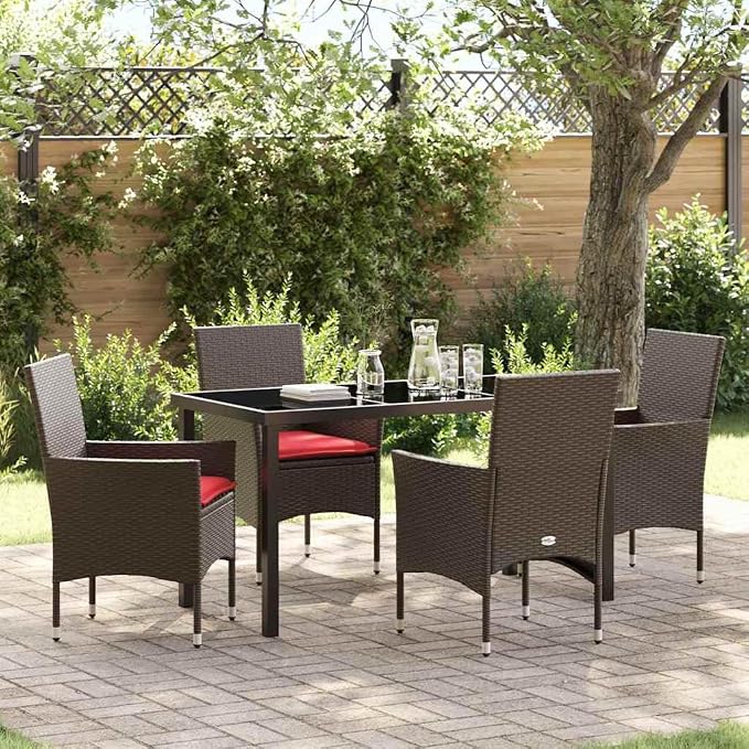 5 Piece Outdoor Dining Set, PE Rattan Patio Table and 4 Chairs with Comfortable Seat Cushions, Weather Resistant Garden Furniture for Deck Backyard