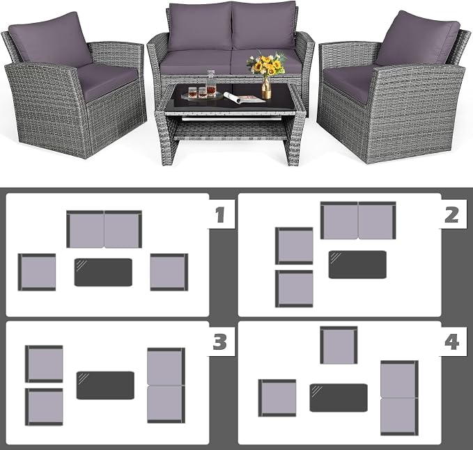 RELAX4LIFE 4-Piece Patio Conversation Seat - Wicker Sofa Set w/Seat & Back Cushions, Coffee Table w/Tempered Glass Tabletop, Outdoor Rattan Sofa Set for Backyard, Porch (Grey)