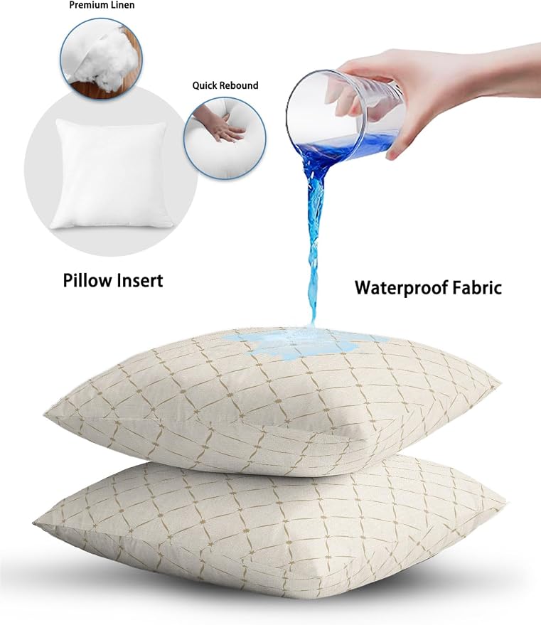 Waterproof Outdoor Pillow 1 Pack Beige Grid Plaid Decorative Throw Pillows Cover & Insert 16x16 Inch Pillowcase Diagonally Crossed Lines Pillows for Couch Sofa Bed Patio Furniture Indoor Outdoor