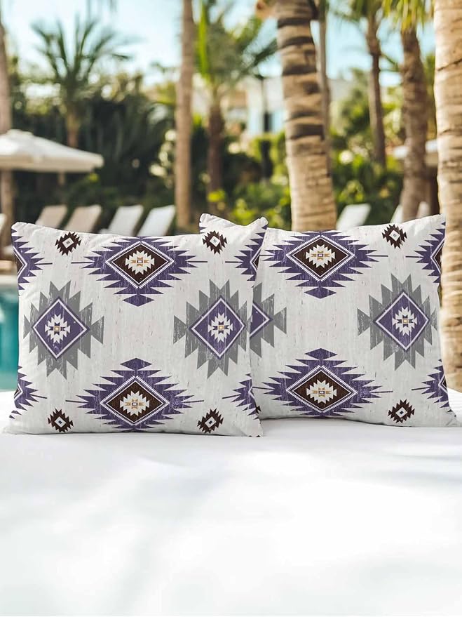 Waterproof Outdoor Pillow Set of 2 Purple Boho Aztec Decorative Throw Pillows Cover & Insert 16x16 Inch Pillowcase Southwest Tribal Style Pillows for Couch Sofa Bed Patio Furniture Indoor Outdoor