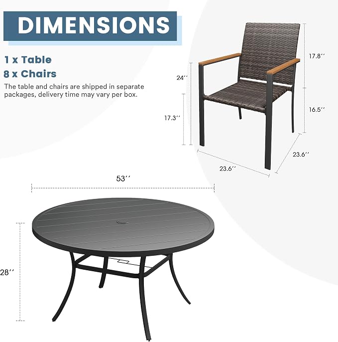 DIFY 9 Piece Patio Dining Set, Metal Outdoor Table and Chairs Set for 8, 53" Round Black Dining Table with Umbrella Hole & Wicker Stackable Patio Chairs, Patio Furniture Set for Garden Backyard