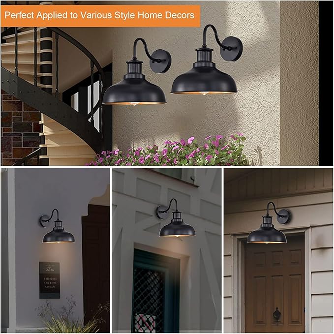Outdoor Barn Lights, Farmhouse Outdoor Wall Sconces, Rustic Exterior Wall Mount Lights, Vintage Outside Lighting Fixtures, Industrial Black Gold Lanterns for Porch Garage Patio, 4 Pack