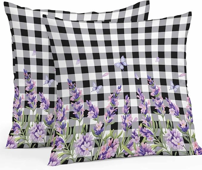 Vandarllin Outdoor Throw Pillows Covers 26x26 inch Set of 2 Waterproof Purple Lavender Flower Decorative Zippered Cushion Covers for Patio Furniture, Butterfly Black Buffalo Plaid Lumbar Pillowcases