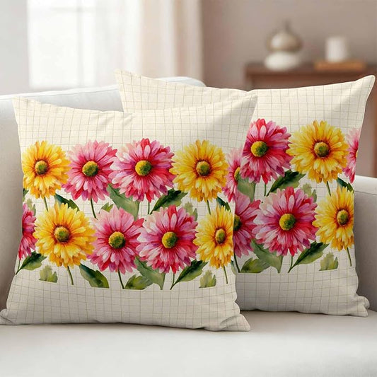 Yellow Pink Daisy Outdoor Pillow Covers 18"x18" Set of 2, Rustic Farmhouse Boho Yellow Plaid Waterproof Throw Pillow Covers for Patio Furniture, Decorative Cushion Covers for Porch