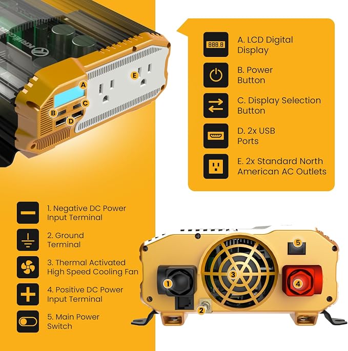 Krieger 1100 Watt 12V Power Inverter Dual 110V AC Outlets, Installation Kit Included, Automotive Back Up Power Supply For Blenders, Vacuums, Power Tools - ETL Approved Under UL STD 458