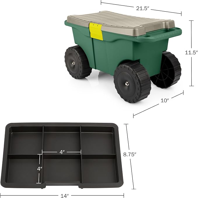 Rolling Garden Cart with Seat - Plastic Storage with Bench and Interior Tool Tray - Gardening Stool for Weeding and Planting By Pure Garden (Green)