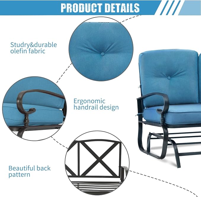 Patio Bench, Porch Glider Outdoor Swing Glider Rocking Loveseat, Steel Frame Chair with Thick Cushion (Peacock Blue)