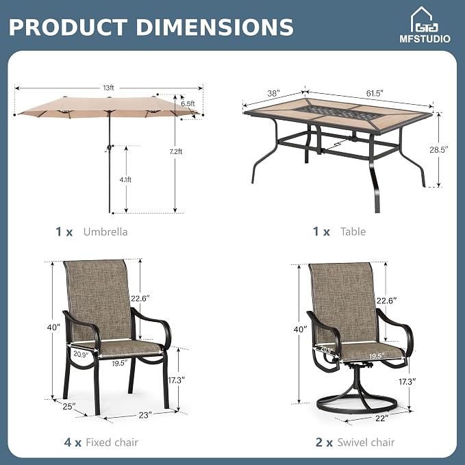 MFSTUDIO Outdoor Dining Set with Umbrella, Patio Dining Set for 6 Persons, Patio Furniture Set with 1 Rectangular Table Fixed Chairs 2 Swivel Chairs & Beige Umbrella (Base not Included)