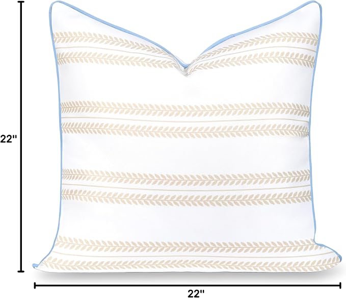 Hofdeco Premium Coastal Hampton Patio Indoor Outdoor Throw Pillow Cover Only, 22"x22" Water Repellent for Backyard, Couch, Poolside, Neutral Tan Blue Print Leaf Striped