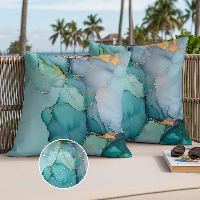 Abstract Teal Outdoor Waterproof Throw Pillow Covers Set of 2, 18"x18", Blue Gold Marble Natural Stone Cracks Modern Decorative Pillow Covers Outside Cushion Case for Patio Porch Garden