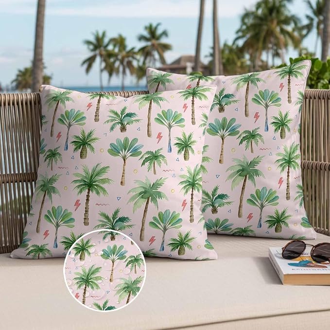Yukro Tropical Palm Tree Outdoor Waterproof Pillow Covers Pack of 2, Lightning Summer Forest Pink Boho Throw Pillowcases Decorative Cushion Covers for Garden Patio Tent Sofa Couch, 24x24 inch