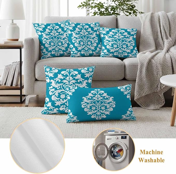 Outdoor Pillow Covers Set of 2, Abstract Minimalist Boho Blue Flower Decorative Throw Pillow Covers 20X12IN, Aesthetic Art Throw Pillows Protector Cushion Case for Patio,Couch,Sofa,Garden