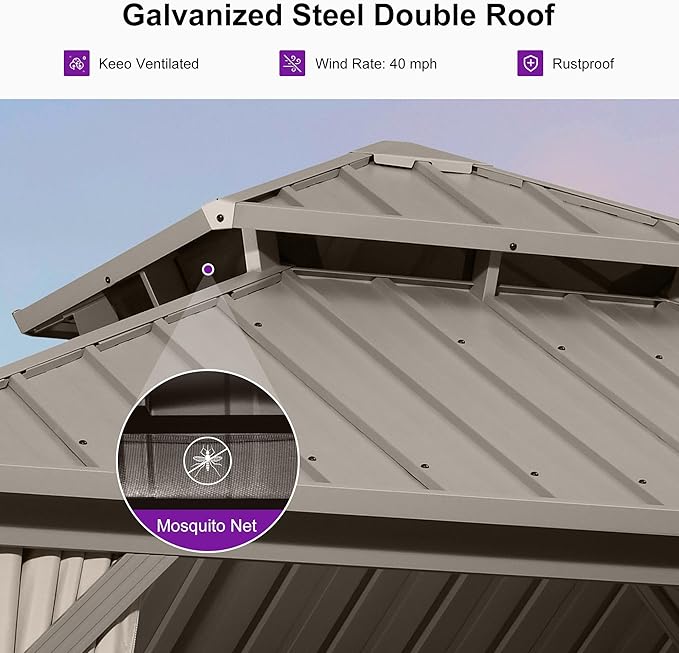 PURPLE LEAF 10' x 10' Hardtop Gazebo, Champagne Outdoor Aluminum Gazebo with Galvanized Steel Double Roof, Curtains and Netting for Patio Lawn and Garden