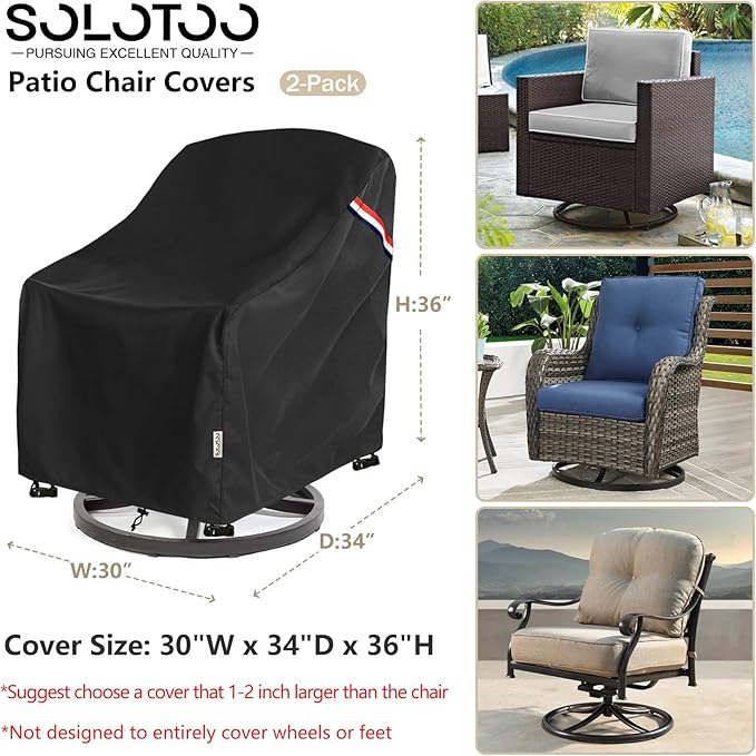 Patio Chair Covers Waterproof Heavy Duty Patio Furniture Covers, 30W x 34D x 36H Inches Swivel Outdoor Chair Cover 2 Pack (Black)