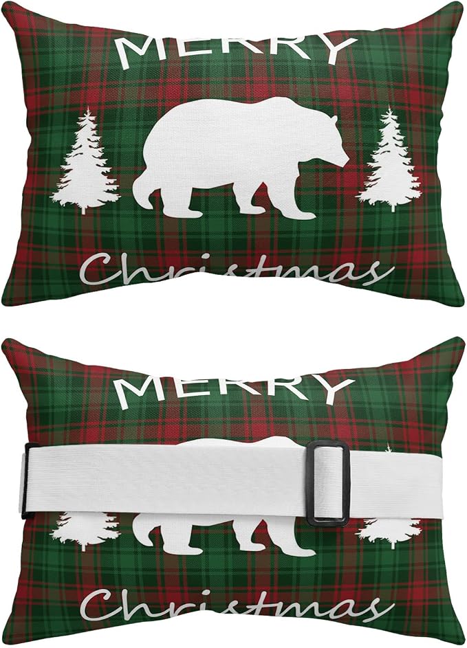 Outdoor Pillows Covers with Inserts Merry Christmas Bear and Tree Red Green Buffalo Plaid Waterproof Pillow with Adjustable Strap Throw Pillows for Patio Furniture Recliner Lounge Chair, 11"x16", 2PCS