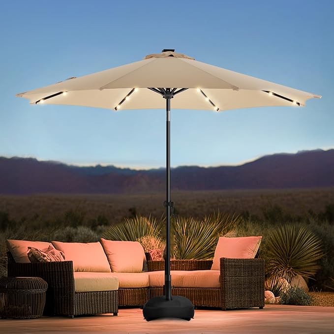 wikiwiki 9FT Solar Led Patio Umbrella with Base Included, 32 LED Lights, 8 Sturdy Ribs, Fade Resistant Waterproof POLYESTER DTY Canopy for Garden, Lawn, Deck, Backyard & Pool, Beige