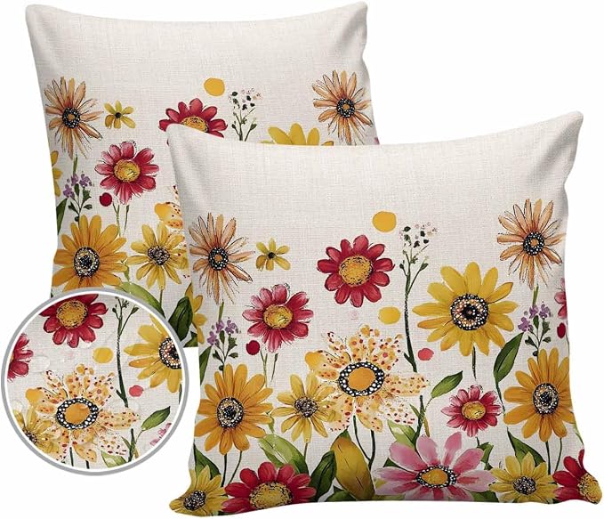 Outdoor Waterproof Pillow Covers for Patio Furniture Pink Purple Floral Decorative Throw Pillow Cover Red Yellow Flowers Pillowcases Set of 2 Cushion Case for Sofa Couch Chair Home Decor 18"x18"