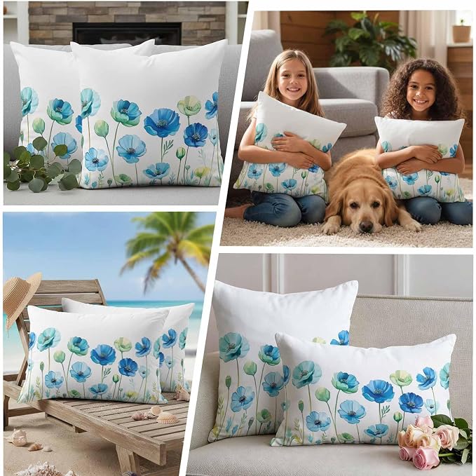 Spring Floral Outdoor Waterproof Throw Pillow Covers Set of 2, 18"x18", Watercolor Blue Poppy Flower Decorative Pillow Covers Outside Cushion Case for Patio Porch Garden