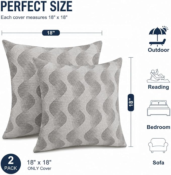 Outdoor Pillow Covers Waterproof Throw Pillow Covers, Set of 2 Jacquard Texture Water Resistant Fade Resistant Decorative Cushion Covers for Garden Patio Bench Couch Sofa, 18x18 Inch (Wave Gray)
