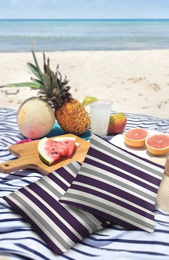 Outdoor Waterproof Pillow Covers for Patio Furniture Purple, Grey and White Stripes Decorative Throw Pillow Cover Farmhouse Stripe Pillowcases Set of 2 Cushion Case for Sofa Couch Chair 26x26 In