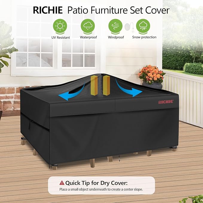 RICHIE Patio Furniture Covers, Waterproof Outdoor Table and Chair Set Cover, Rectangular Dining Table Cover, 128" L x 82" W x 28" H, Black