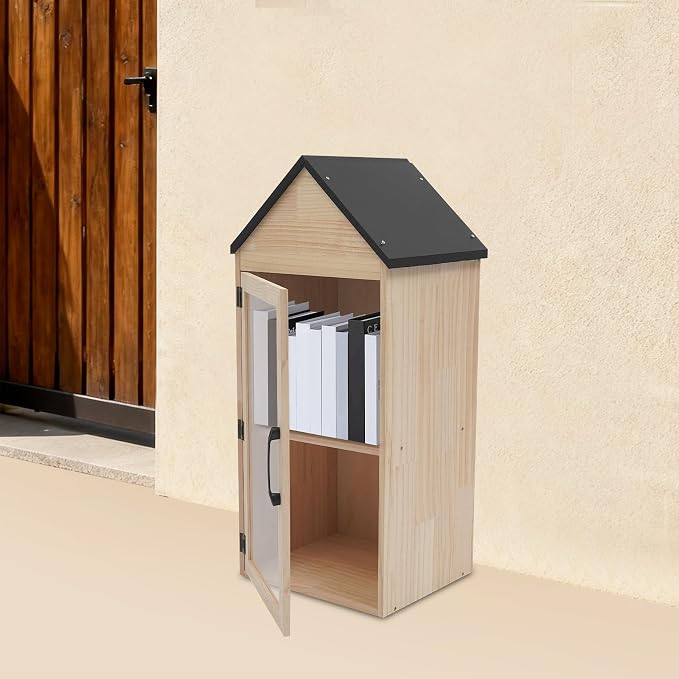 Outdoor Library Box, 13X11X30inch Wood Literature Exchange Box DIY Little Wood Cabinet with Waterproof Roof and Shelf for Outside Neighborhoods Community and Schools Sharing Books (Gable Roof)