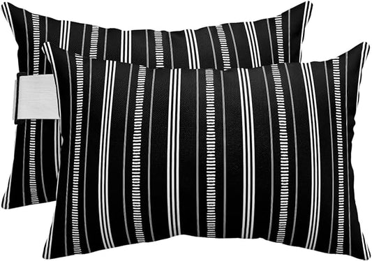 Outdoor Lumbar Pillows 11x16 Set of 2, Boho Black Waterproof Throw Pillow Covers with Insert, Minimalist Farmhouse Striped Decorative Pillowcase Cushion for Couch Sofa Bed