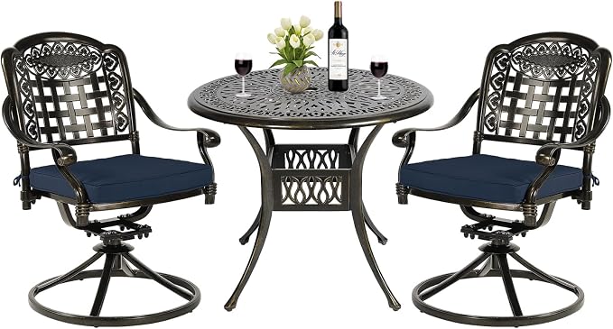 MEETWARM 3-Piece Outdoor Patio Dining Set, All-Weather Cast Aluminum Patio Conversation Set, 2 Cushions Swivel Rocker Chairs and 35.4" Round Table for Backyard Garden Deck, Umbrella Hole, Navy Blue