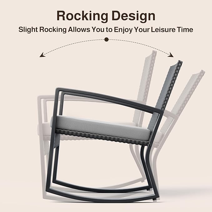 Ahomly 4 Piece Outdoor Patio Furniture Set, Wicker Patio Furniture with Glass Coffee Table, Rocking Wicker Bistro Set, for Backyard, Poolside, Porch (Grey)