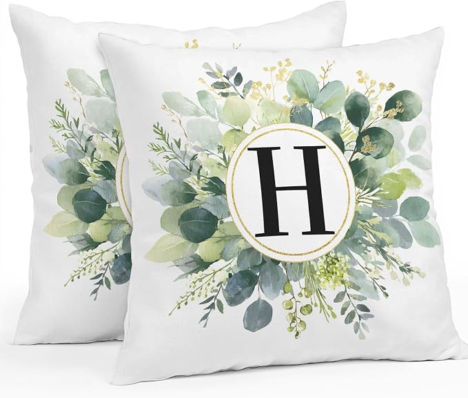 Letter H Waterproof Outdoor Pillow Covers Set of 2 Home Decor, Alphabet Green Eucalyptus Leaves Pillowcase Patio Pillow Covers for Couch Bench Patio Furniture Garden 18x18in