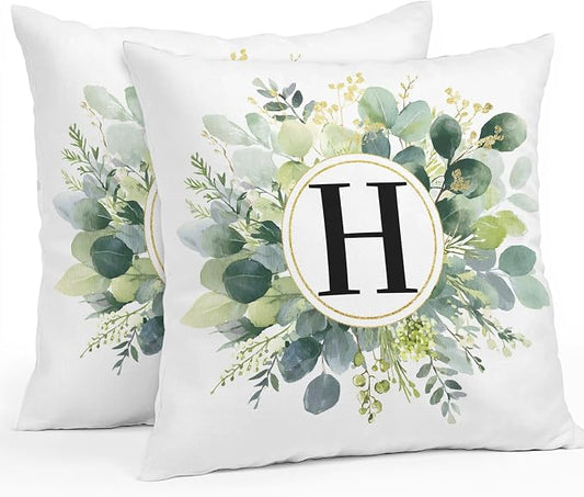 Letter H Waterproof Outdoor Pillow Covers Set of 2 Home Decor, Alphabet Green Eucalyptus Leaves Pillowcase Patio Pillow Covers for Couch Bench Patio Furniture Garden 26x26in