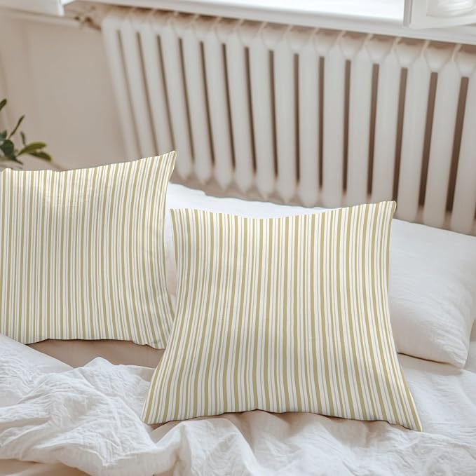 Yellow Vertical Stripes Waterproof Outdoor Pillow Covers Set of 2 Home Decor, Boho Pinstripes Apricot Lines Pillowcase Patio Pillow Covers for Couch Bench Patio Furniture Garden 16x16in