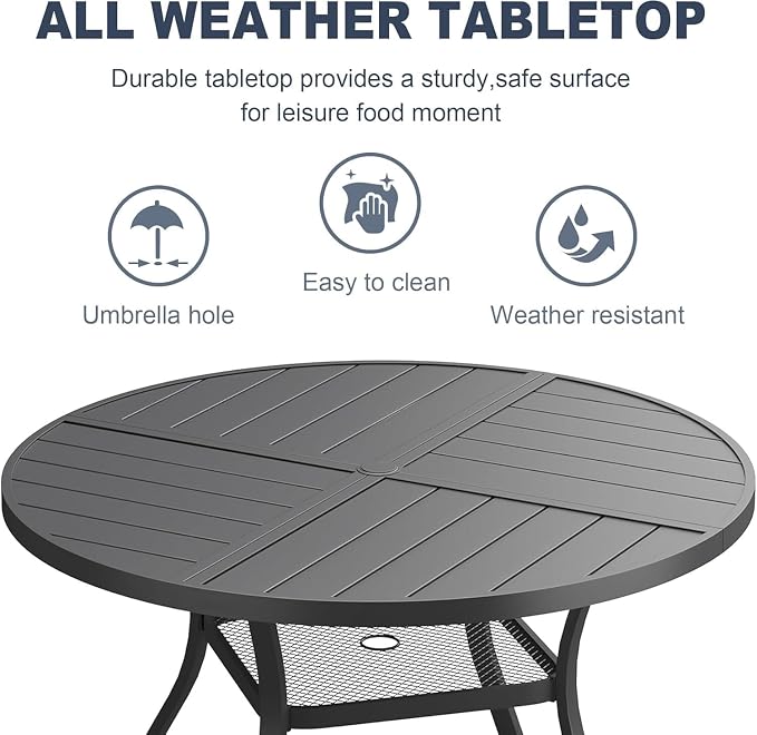 VICLLAX 5 Pieces Patio Outdoor Dining Set, 4 Swivel Textilene Chairs and 40.6" Round Metal Table with Umbrella Hole for Porch, Deck, Garden, Black/Dark Blue