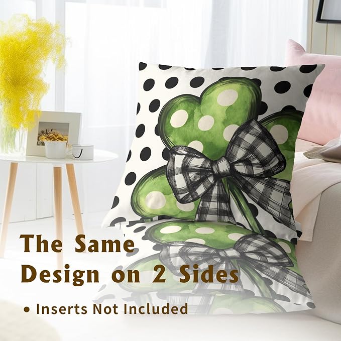 Lucky Shamrock Throw Pillow Covers 16x16 Inch – Set of 2 Green Clover with Black White Plaid Bow Polka Dot Holiday Cotton Pillowcases for Couch Sofa Bed Porch Farmhouse Home Decor