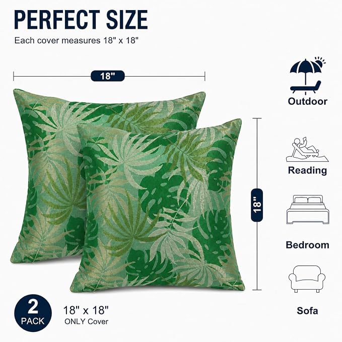 Outdoor Pillow Covers Waterproof Throw Pillow Covers, Set of 2 Jacquard Texture Water Resistant Fade Resistant Decorative Cushion Covers for Garden Patio Bench Couch Sofa, 18x18 Inch(Emerald)
