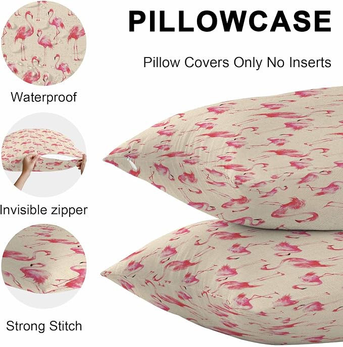 Pink Flamingo Outdoor Pillow Covers 20x12 Inch Lumbar Pillow Covers Set of 2 Waterproof Decorative Throw Pillow Cases Summer Animals Rustic Cushion Covers for Patio Furniture Garden Couch Sofa