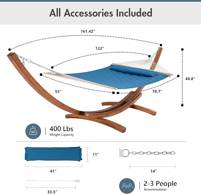 ANOW 13.5FT Curved Wood Stand with Double Hammock, Heavy Duty Larch Wood Arc Stand with 2 Chains, 4 Balance Ropes and 4 Carabiners, Includes Blue Hammock with Spreader Bars