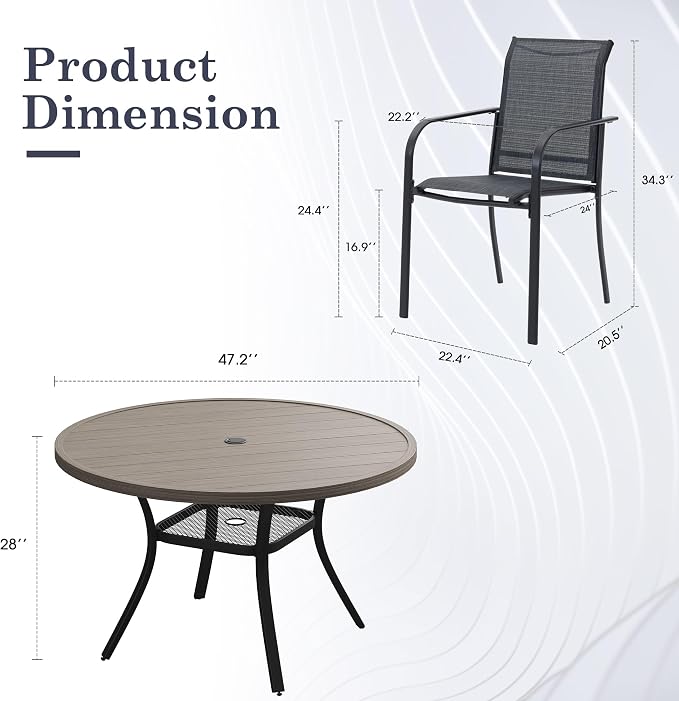7 Pieces Outdoor Dining Set, Stackable Textilene Paito Chairs & 47.2" Round Dining Table with Umbrella Hole and Shelf, Patio Dining Set for Backyard, Deck, Garden, Grey